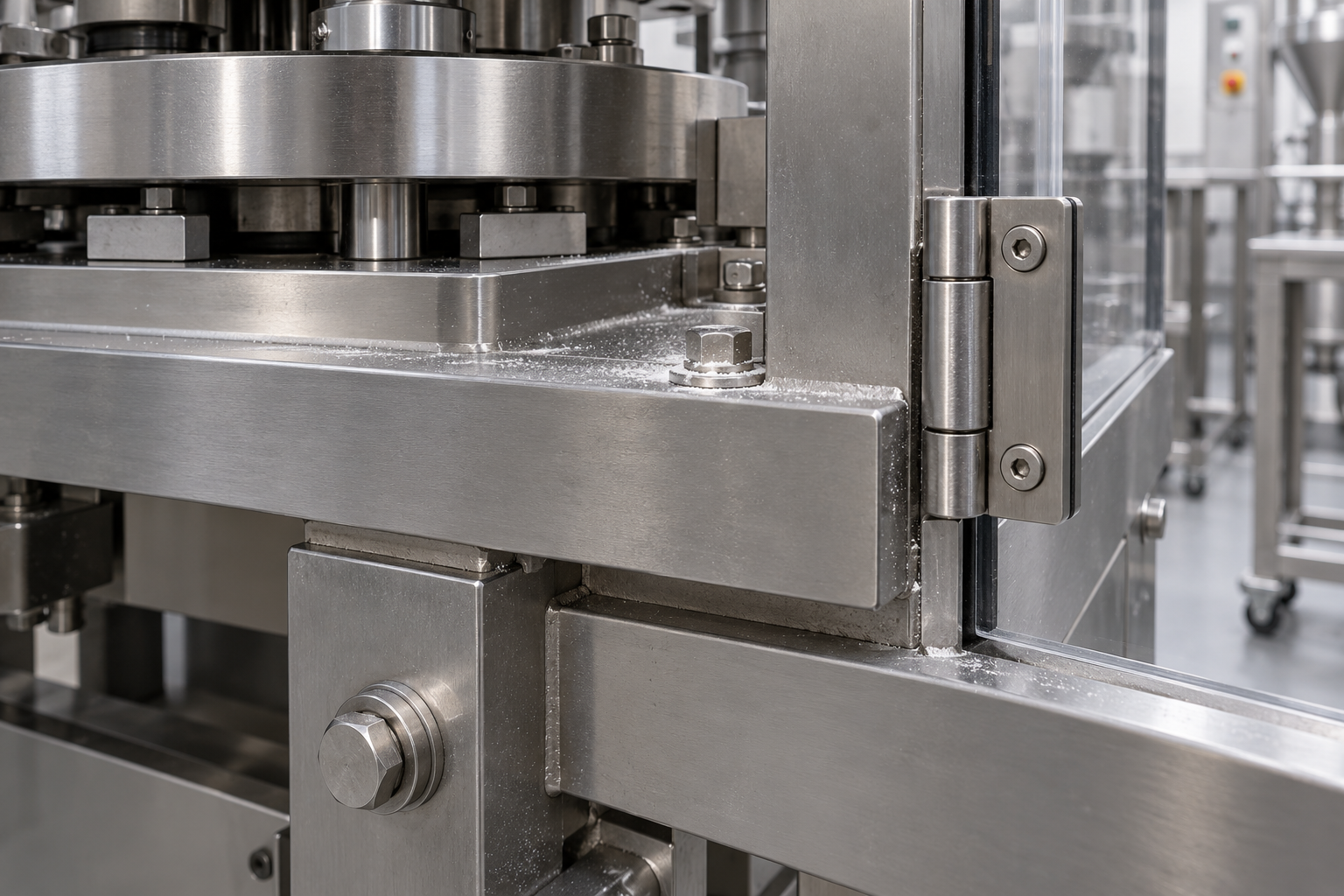 Illustrative close view of dust on a tablet press exterior support frame, away from product-contact tooling