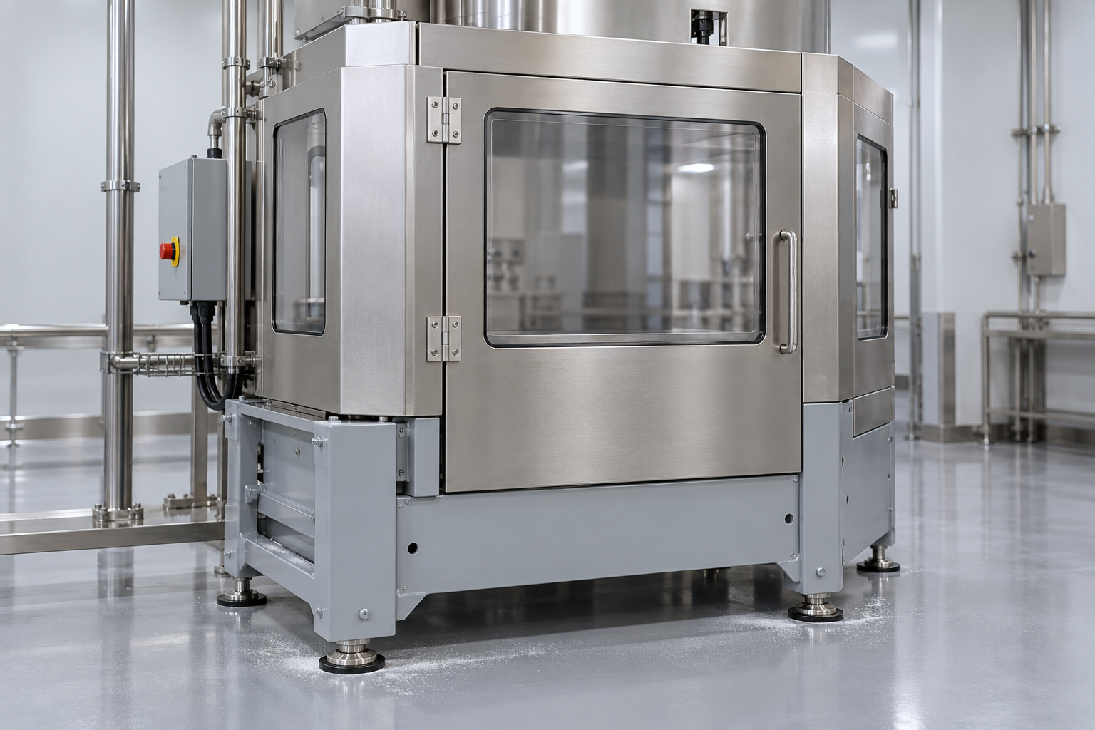 AI illustration of a closed tablet press exterior during a maintenance stop