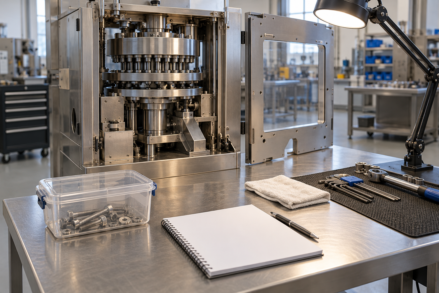 Illustrative maintenance inspection setup for a stopped tablet press exterior
