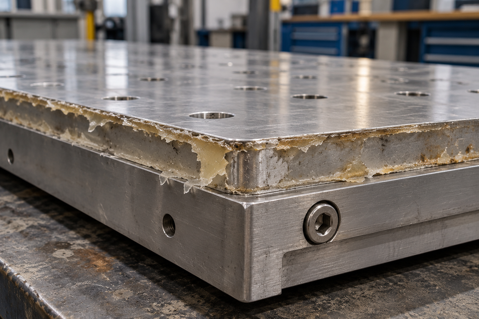 Illustrative close view of cured encapsulant residue on a detached laminator tooling edge