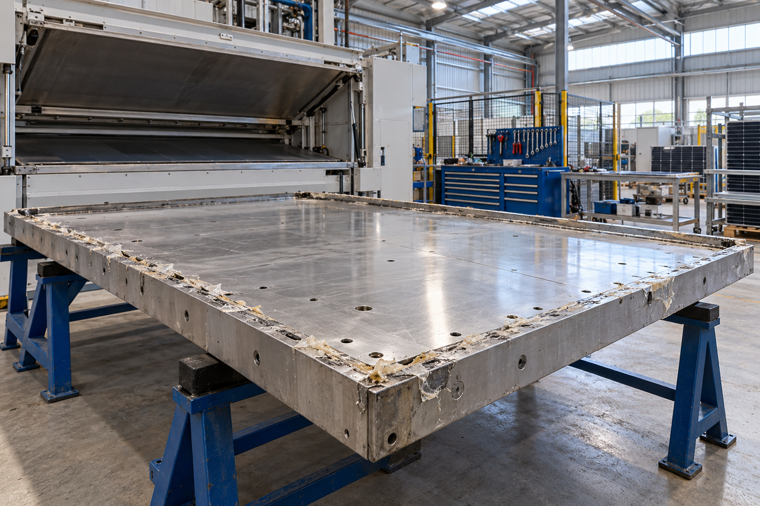 AI illustration of detached solar laminator tooling supported in a maintenance bay