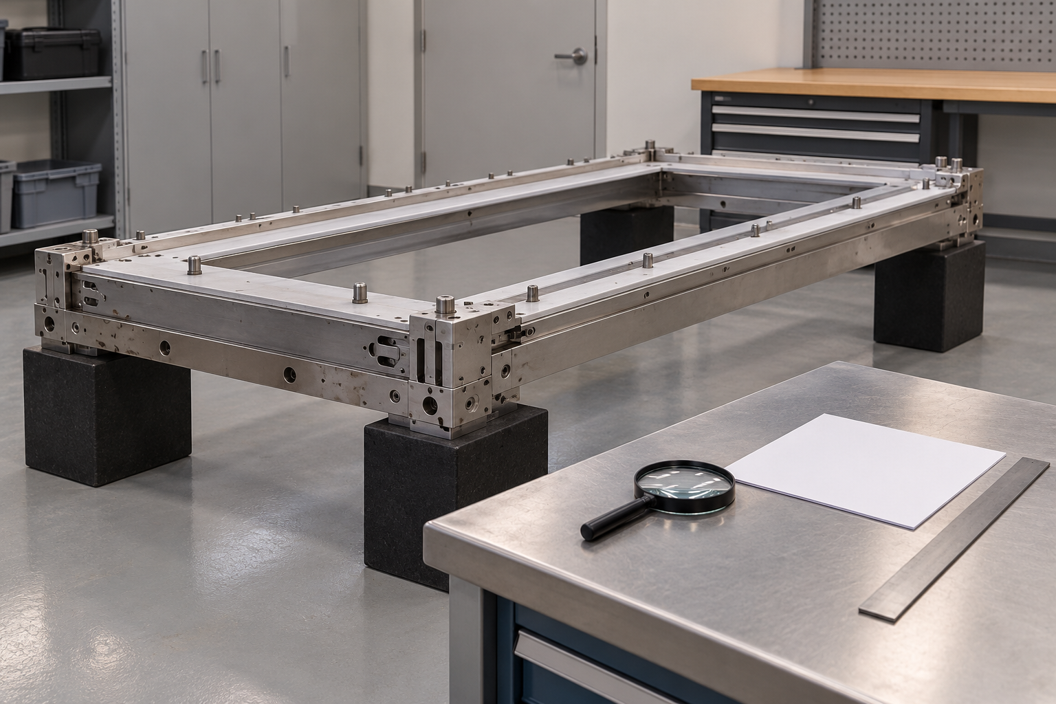 Illustrative inspection bench with detached solar laminator tooling and unmarked measuring tools
