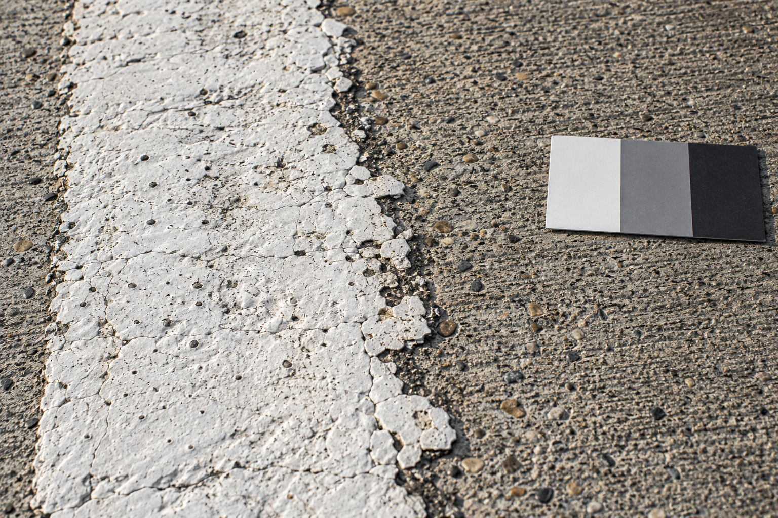 AI illustration of an untreated marking edge beside textured pavement before a removal trial