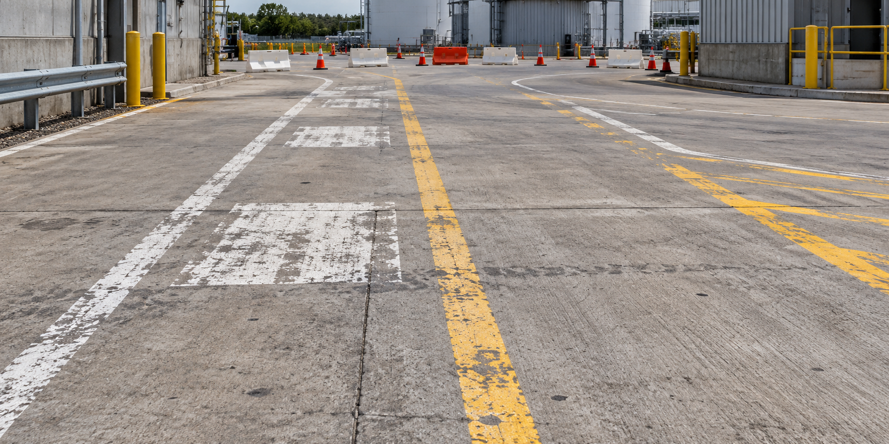 AI illustration of an empty closed industrial-yard lane with old markings awaiting a removal trial