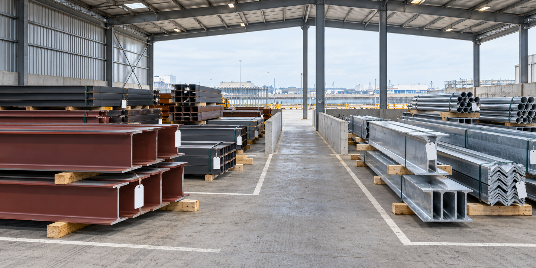 AI illustration of organized construction steel awaiting receiving and traceability checks