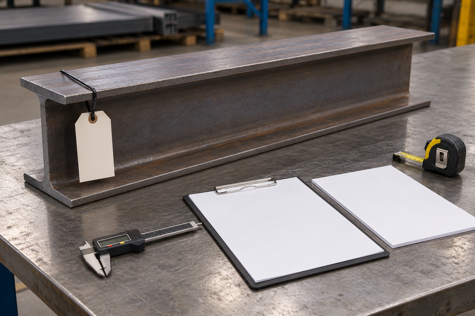 AI illustration of a steel section, blank receiving records and inspection tools