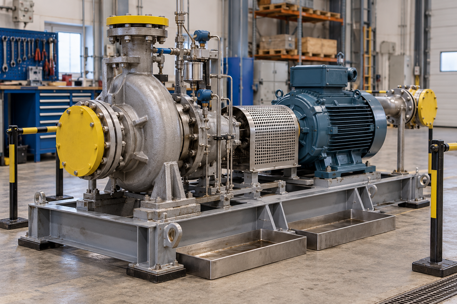 AI illustration of an out-of-service pump skid in a maintenance bay