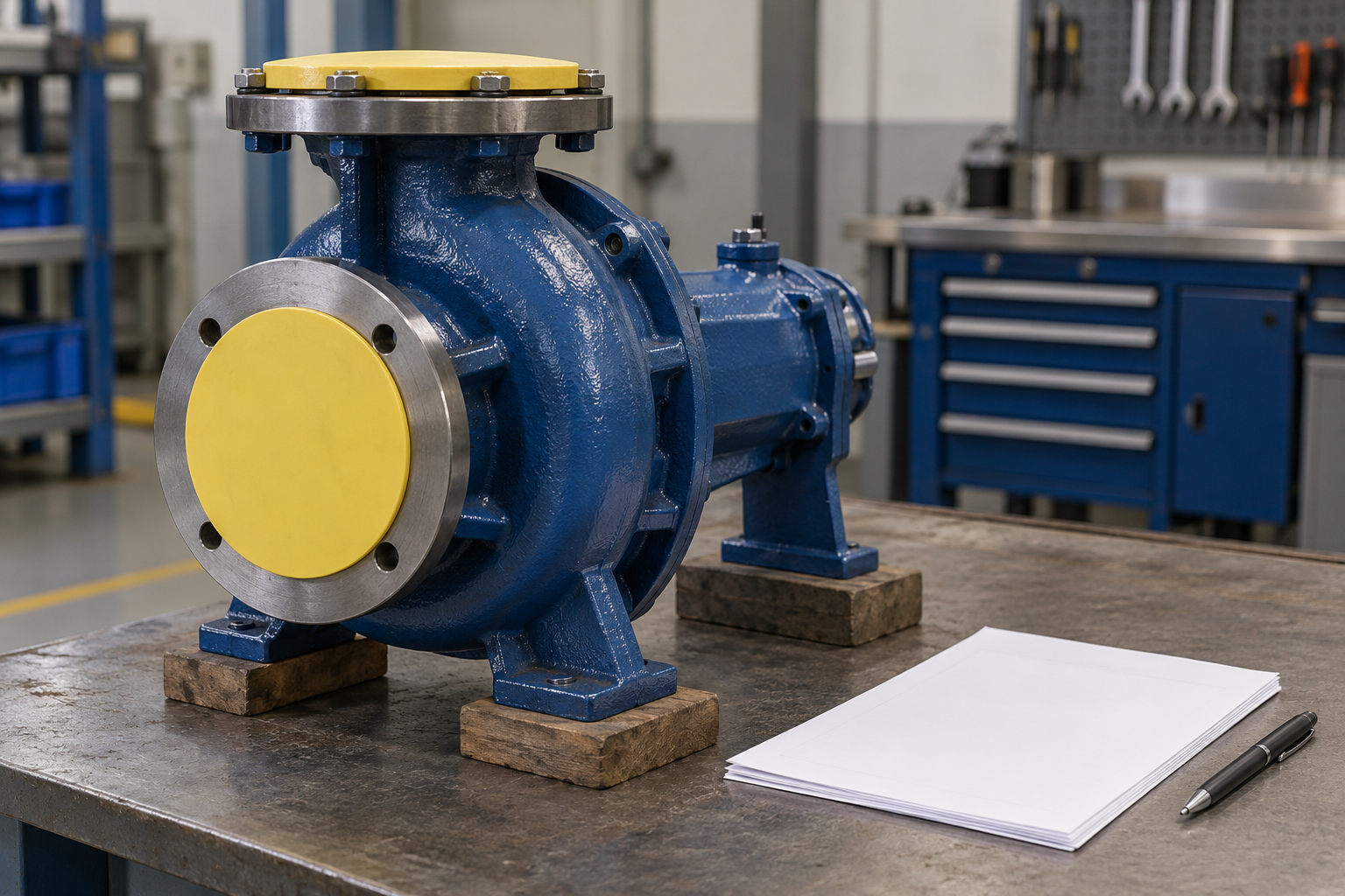 AI illustration of a detached pump casing and blank maintenance handover records