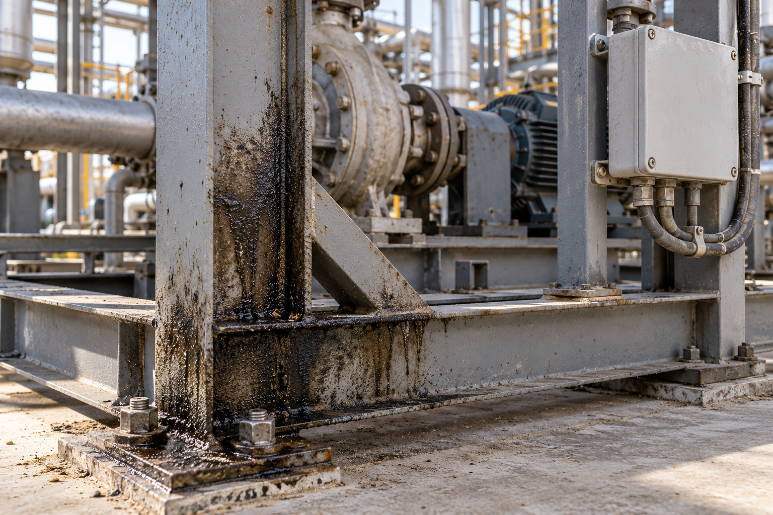 AI illustration of oily deposits on an external skid support with nearby components protected