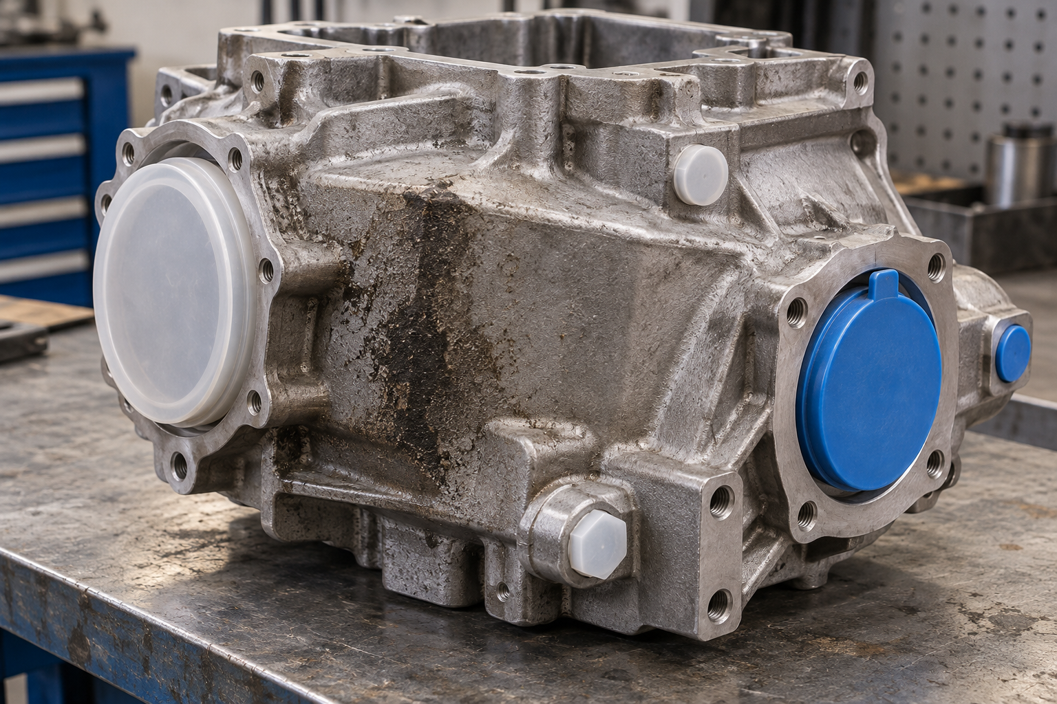 AI illustration of gearbox exterior deposits and protected precision features