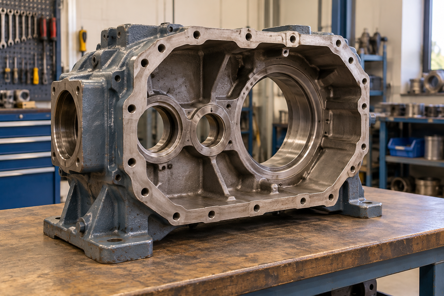 AI illustration of a detached empty gearbox housing supported before repair cleaning