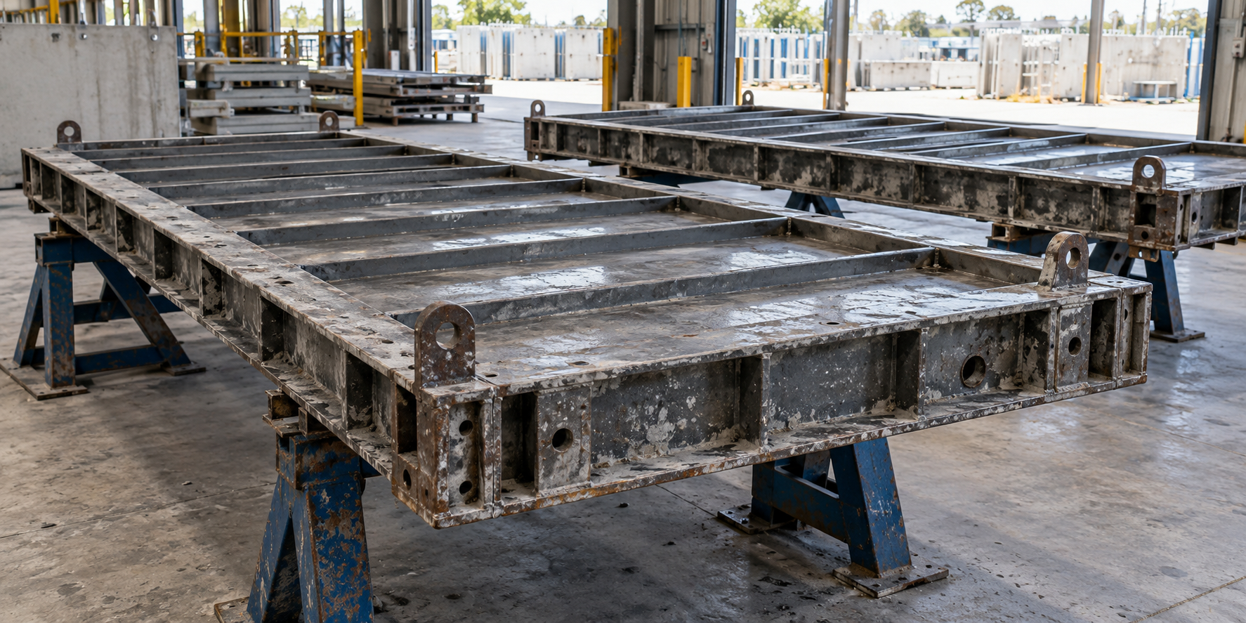 AI illustration of detached steel precast formwork panels on supports