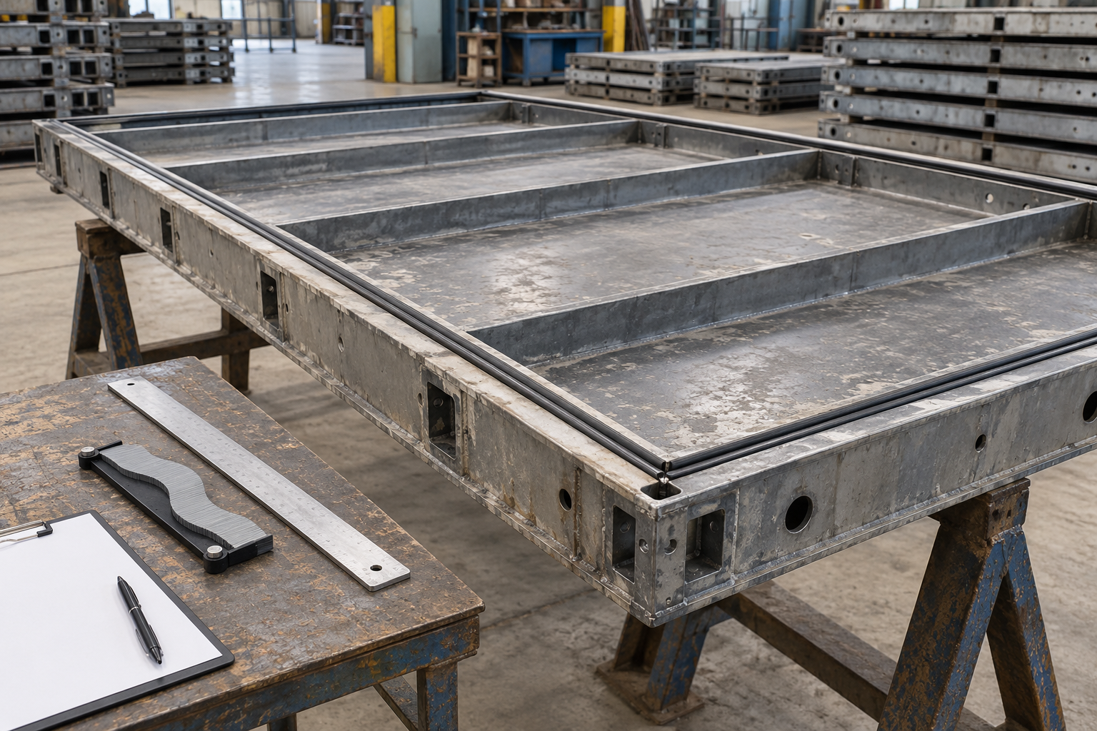 AI illustration of a steel formwork panel beside idle inspection tools
