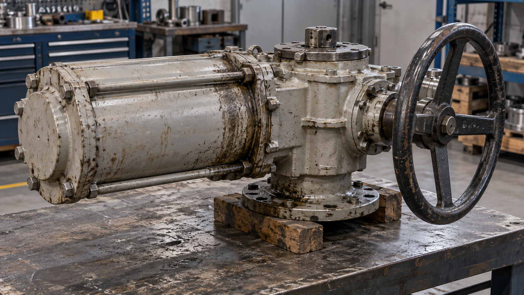 AI illustration of a detached valve actuator housing in a repair shop