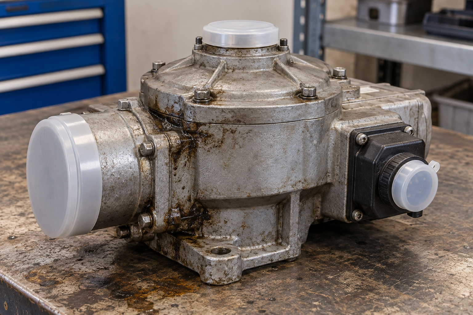 AI illustration of an isolated valve actuator housing with localized exterior grime