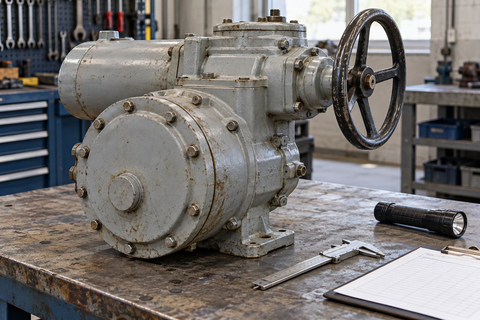 AI illustration of a detached valve actuator housing staged beside inspection tools
