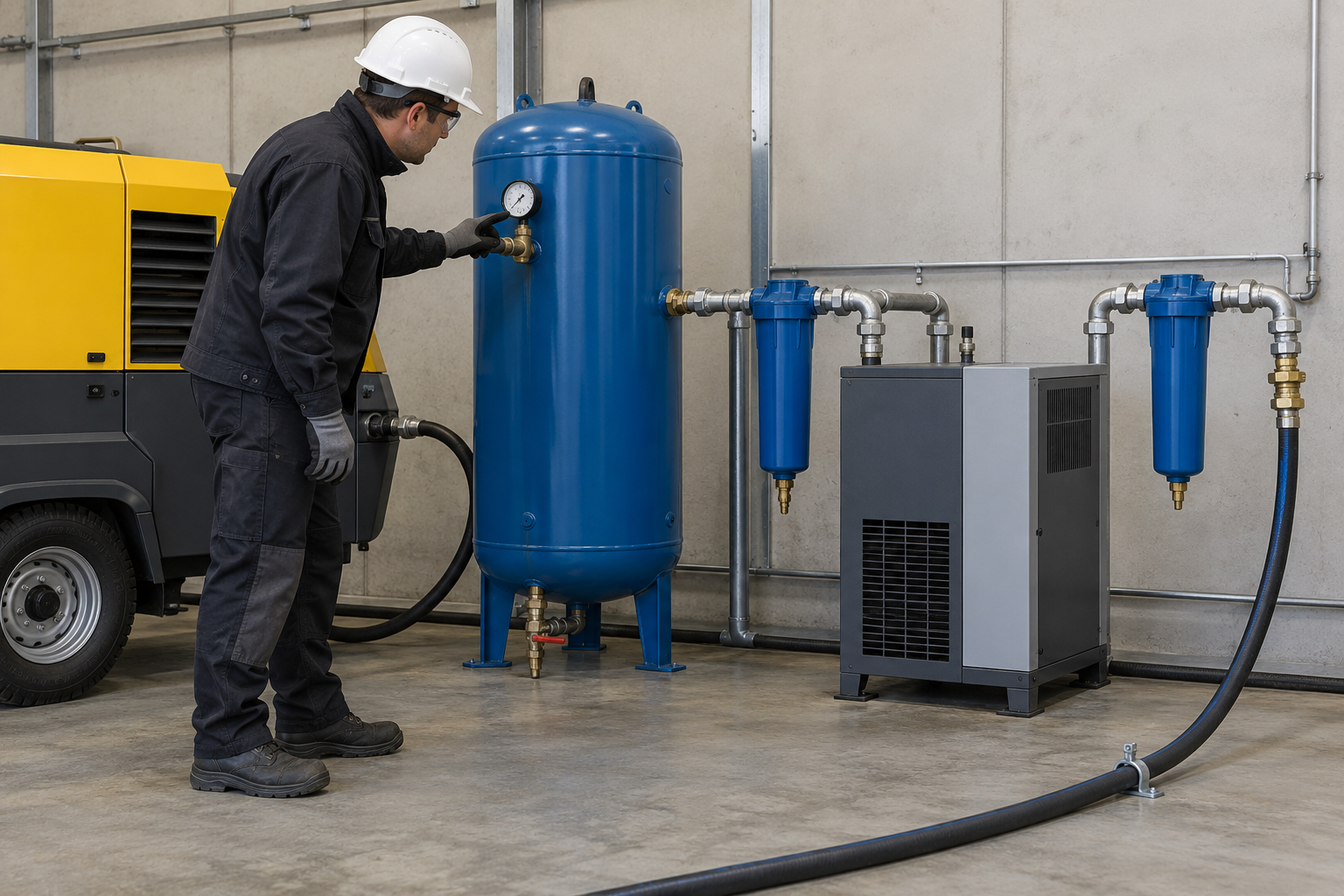 Technician checking an industrial compressor, air dryer, receiver, and outlet hose before dry ice blasting