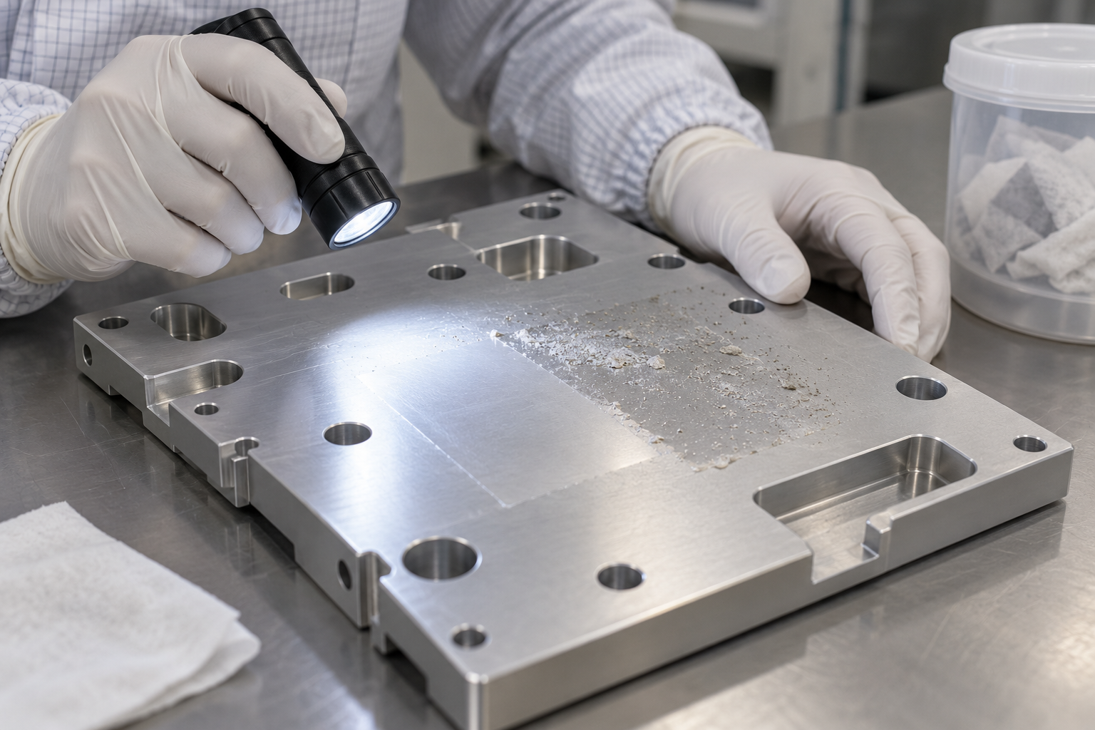 Small dry ice cleaning test patch on an aluminum battery-manufacturing fixture with the anodized surface intact
