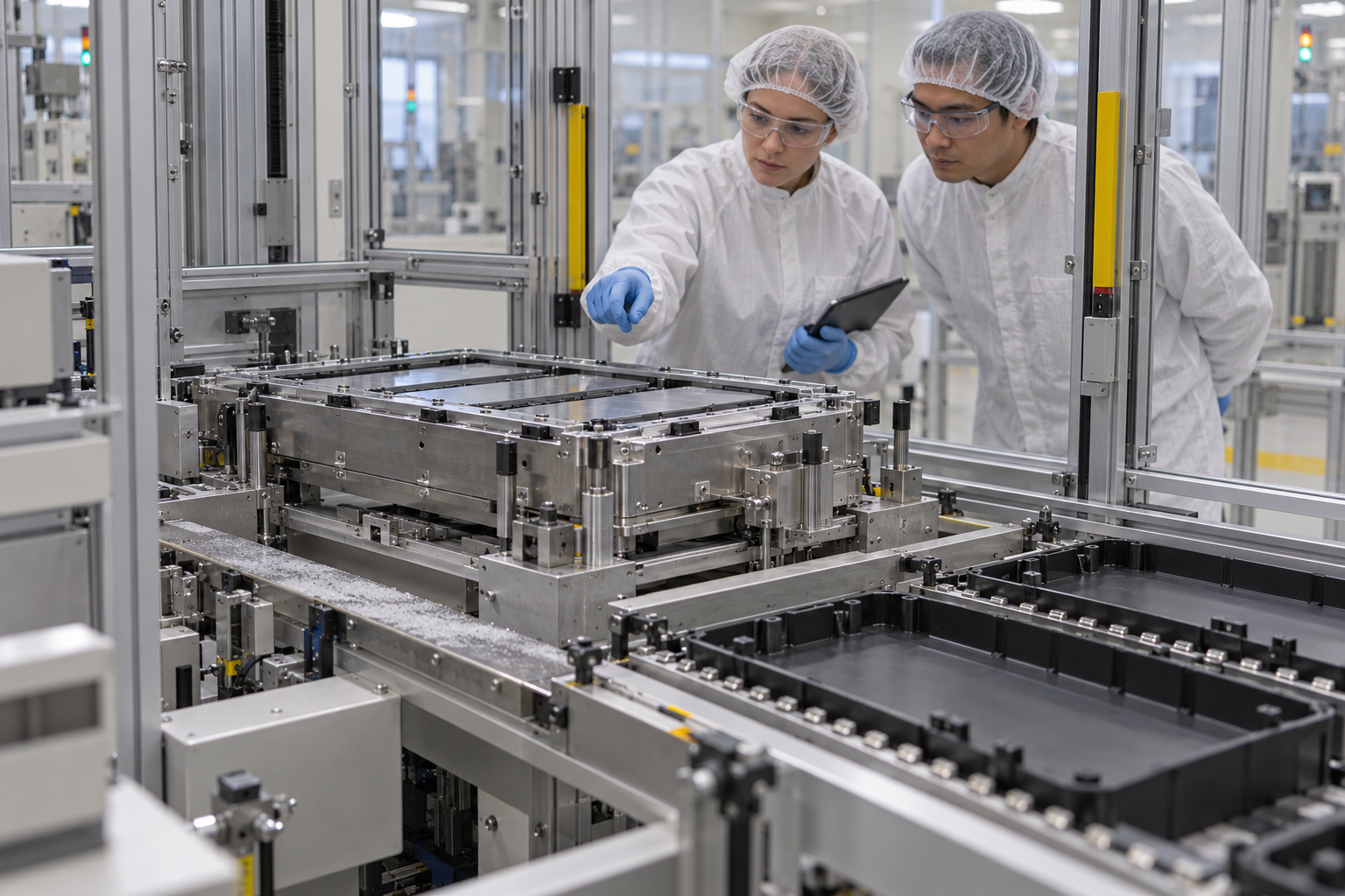 Technicians assessing a stopped battery assembly fixture