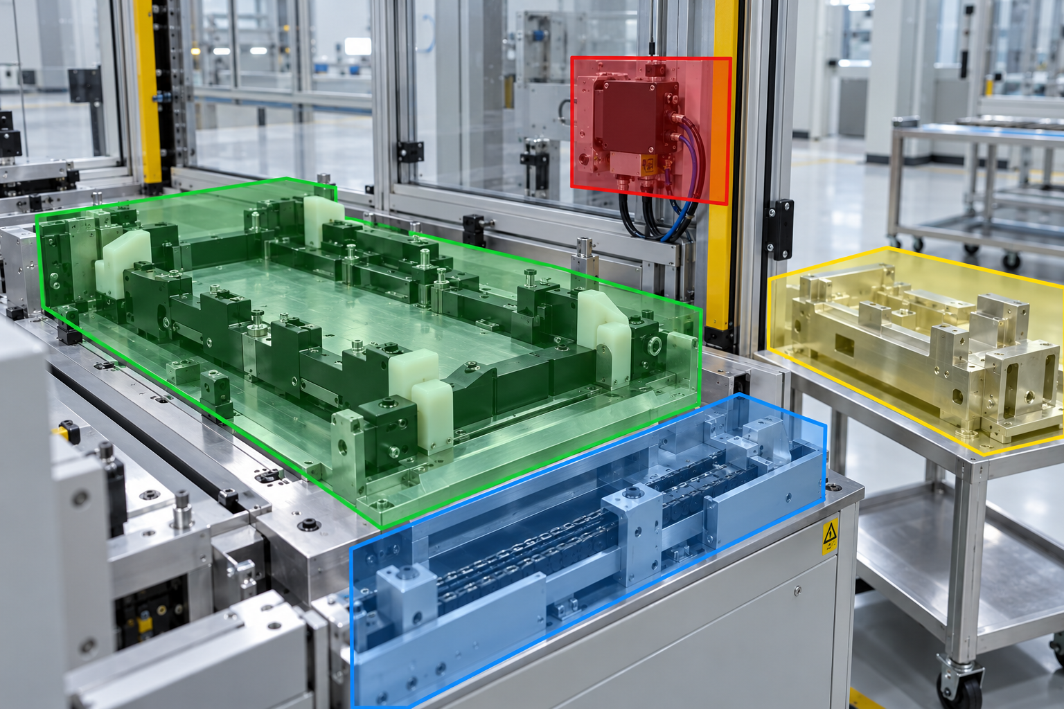 Battery assembly maintenance map separating fixture tooling, guide surfaces, sensor housing and protected electrical zones