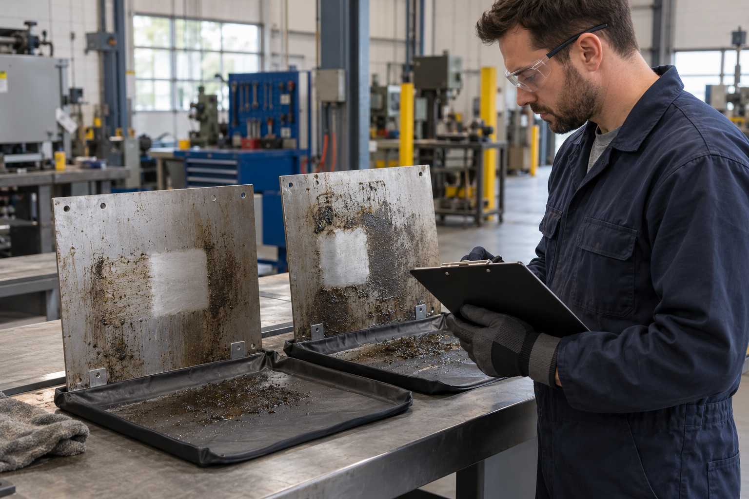 Maintenance engineer documenting two contained cleaning test patches on identical metal panels