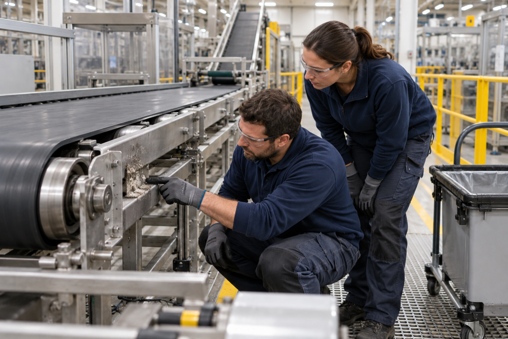 Maintenance technicians inspecting residue on a stopped industrial conveyor