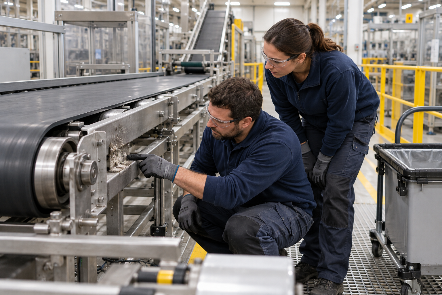 Maintenance technicians inspecting residue on a stopped industrial conveyor
