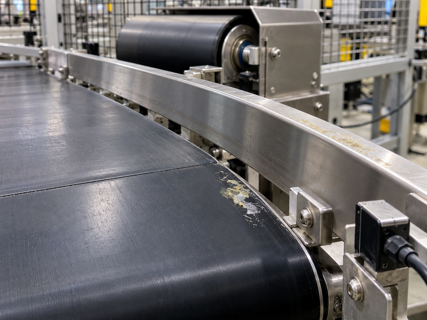 Stationary conveyor belt, guide rail and guarded roller showing separate light adhesive and rail deposits