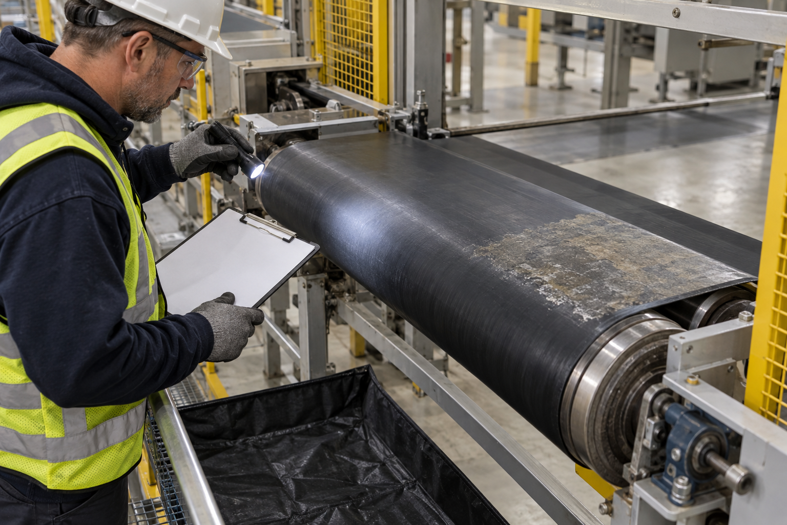Maintenance technician inspecting a small cleaning test patch on an isolated conveyor belt