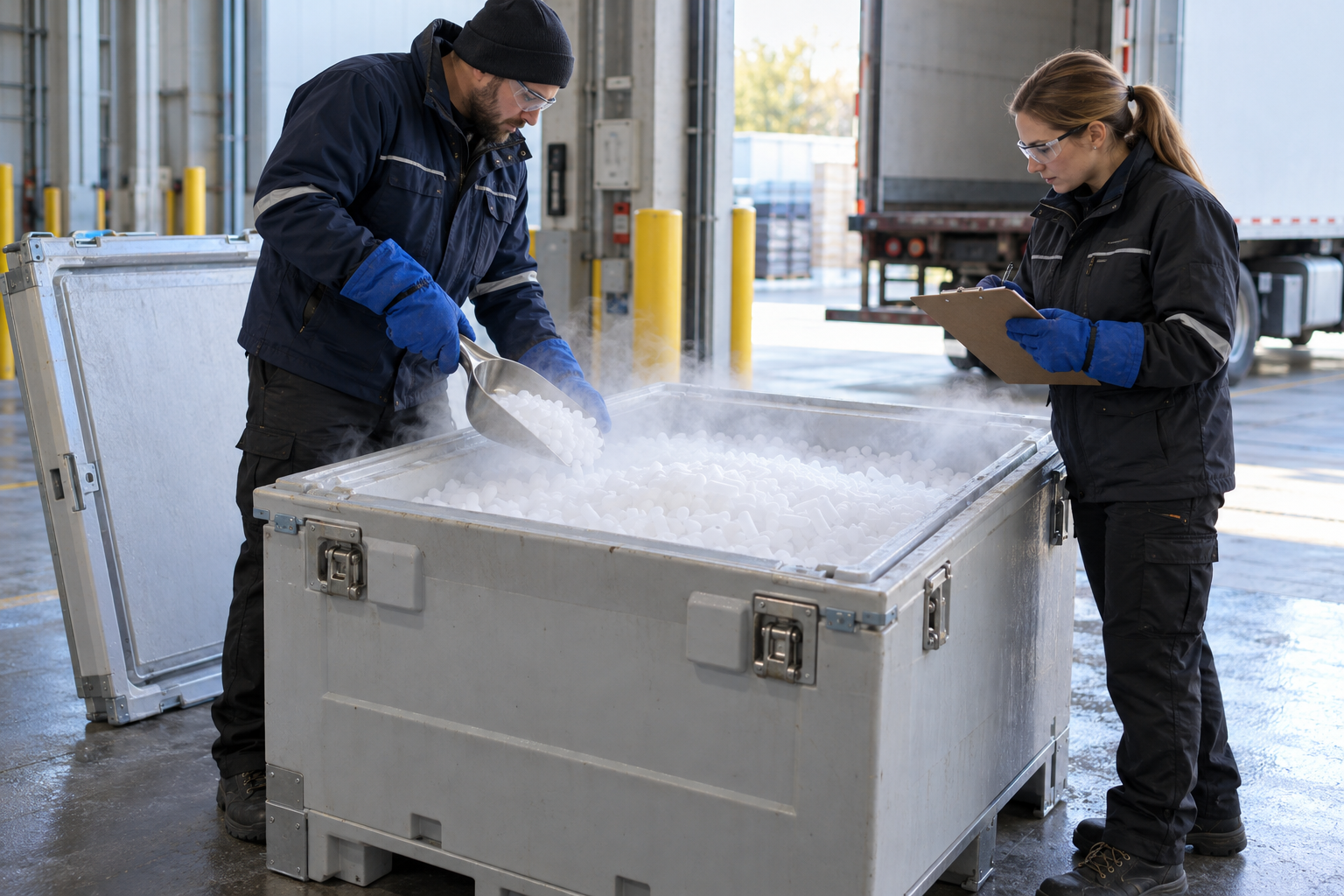 Workers inspect dry ice pellets in an open insulated bin at an industrial receiving area