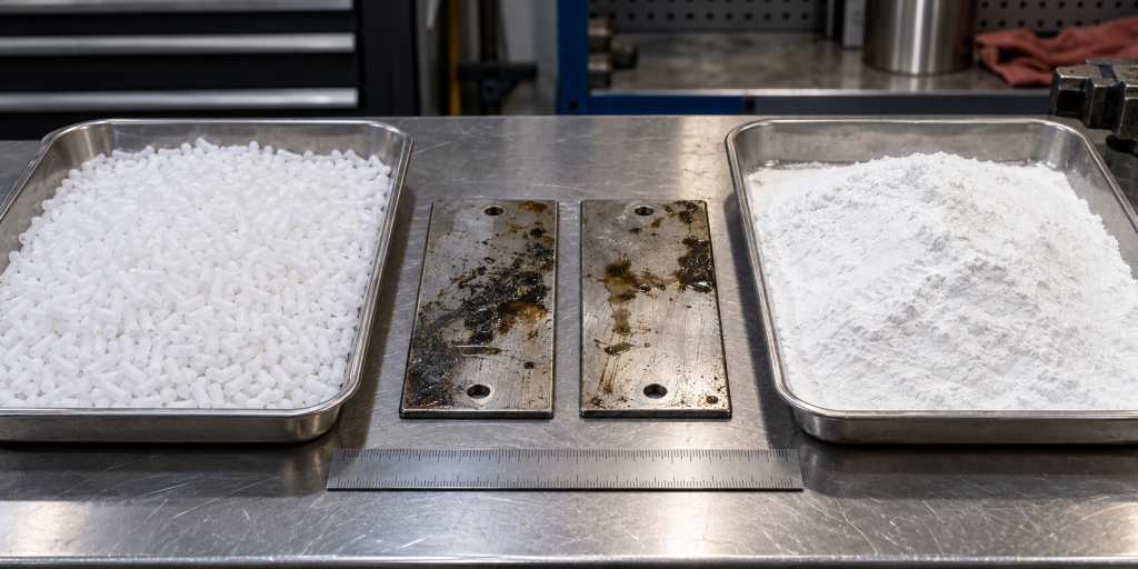 Small dry ice blasting pellets and sodium bicarbonate media beside metal test coupons