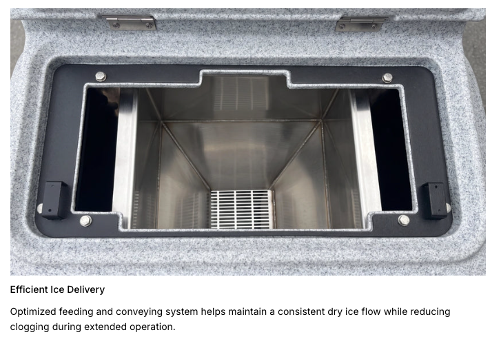 Open pellet hopper on the dry ice cleaning machine