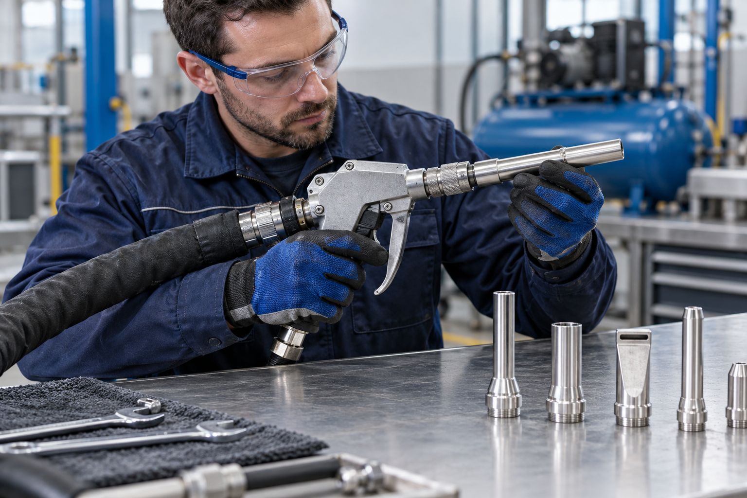 Editorial illustration of a technician inspecting a dry ice blasting gun and nozzles