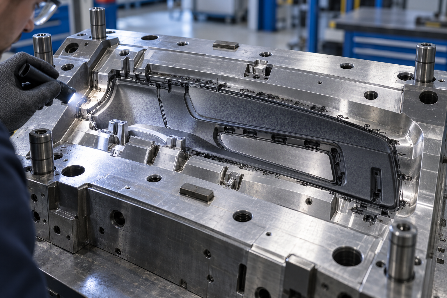 Illustration of an automotive plastic injection mold being inspected before a cleaning evaluation