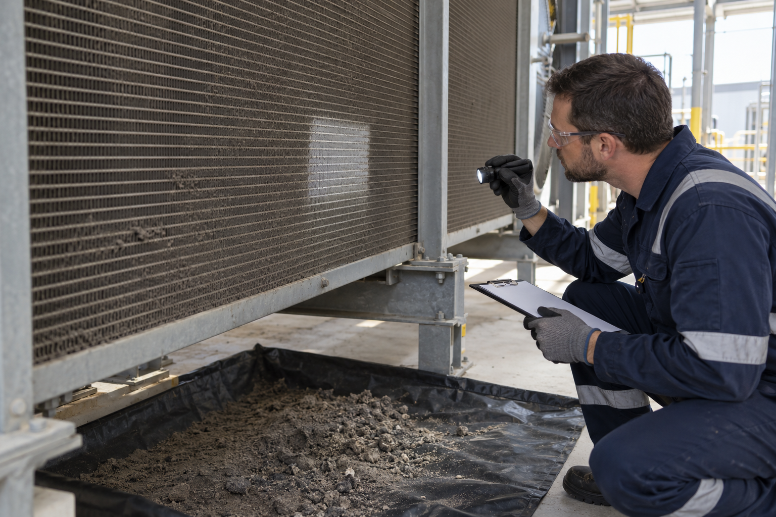 Maintenance engineer inspecting a small cleaned test patch on stationary fin-fan cooler fins with captured dust below