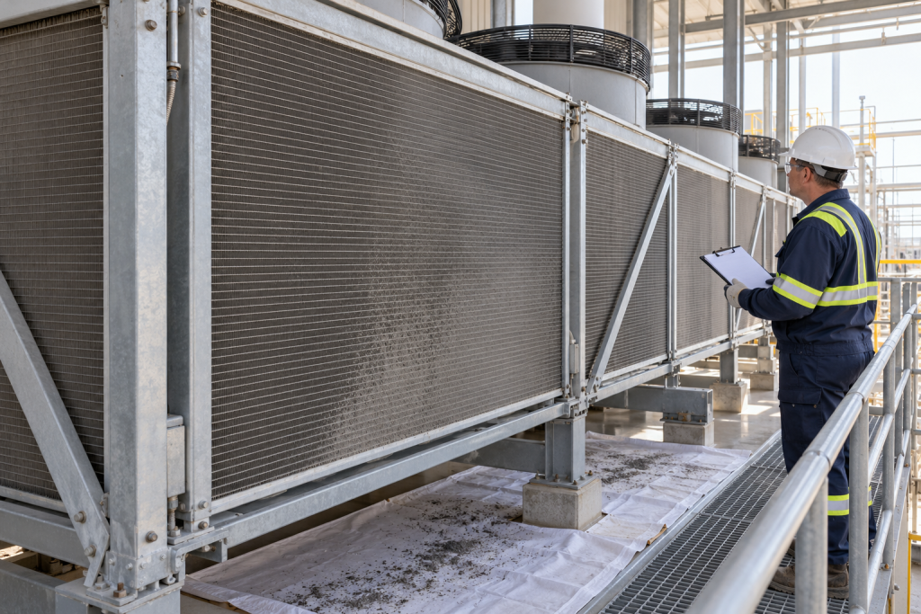 Maintenance engineer inspecting dusty fin-fan cooler fins above a debris catch sheet