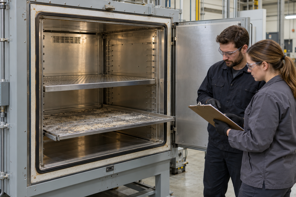 Technicians assessing residue inside a stopped industrial oven