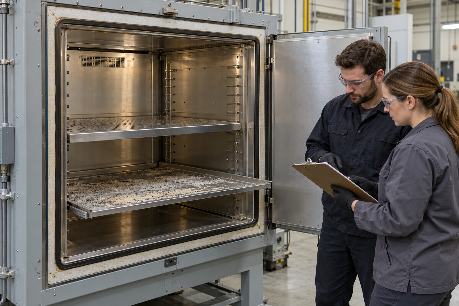 Technicians assessing residue inside a stopped industrial oven