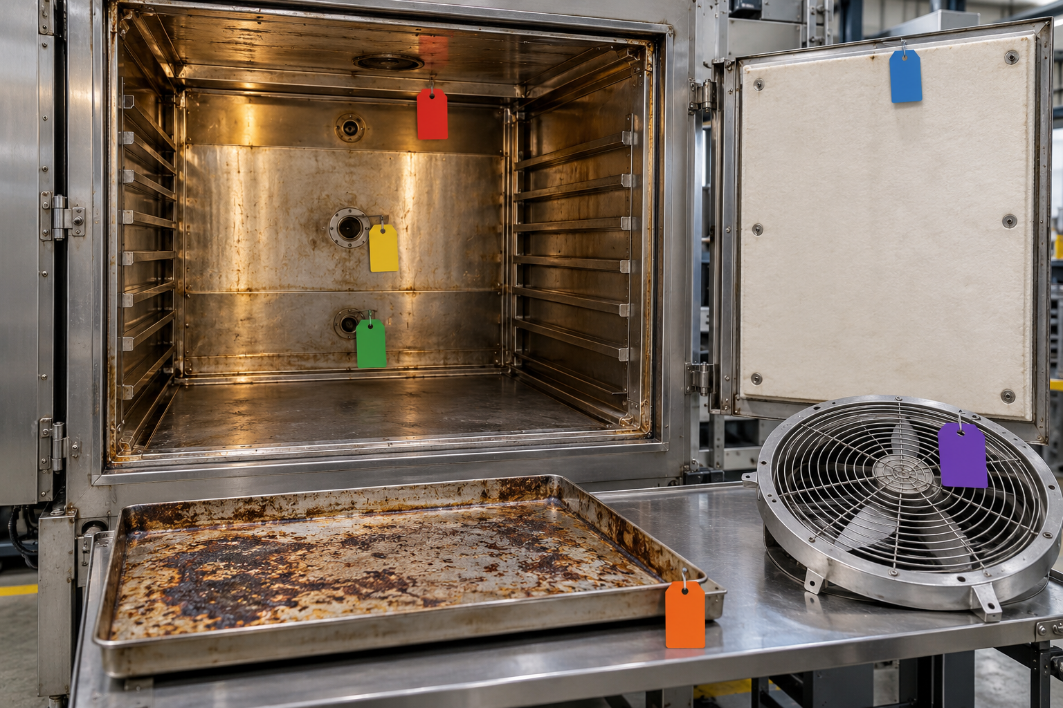 Industrial oven surface map showing a removable tray, fan guard and insulated wall as separate maintenance zones