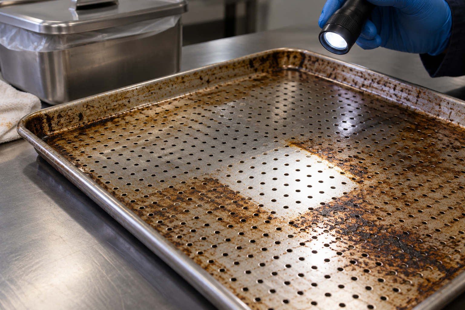 Small dry ice cleaning test patch on a removable perforated industrial oven tray with intact metal beneath