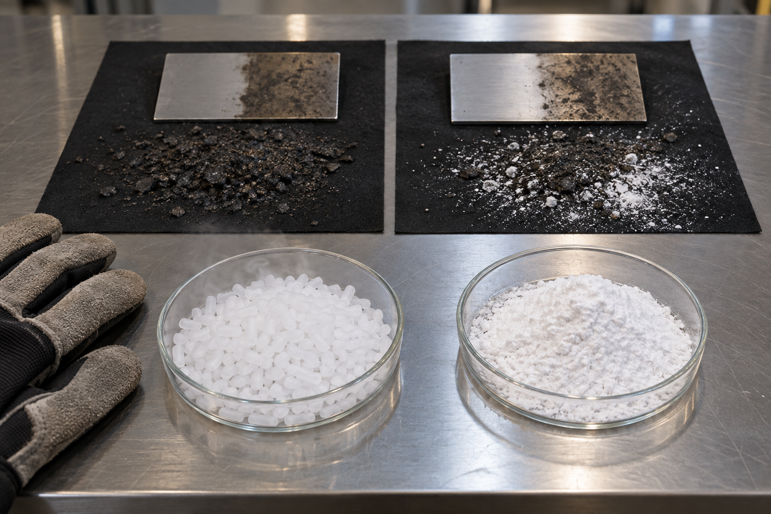 Separate trays of cylindrical dry ice pellets and sodium bicarbonate powder beside contained metal test coupons