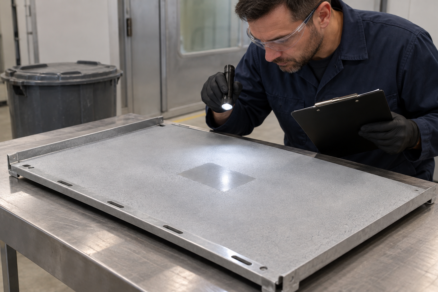 Technician inspecting a small dry ice cleaning test patch on a removed paint booth baffle plate