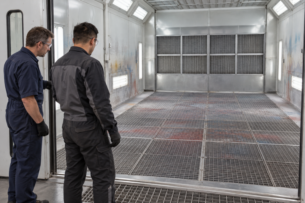 Maintenance technicians assessing overspray buildup in a stopped industrial paint booth