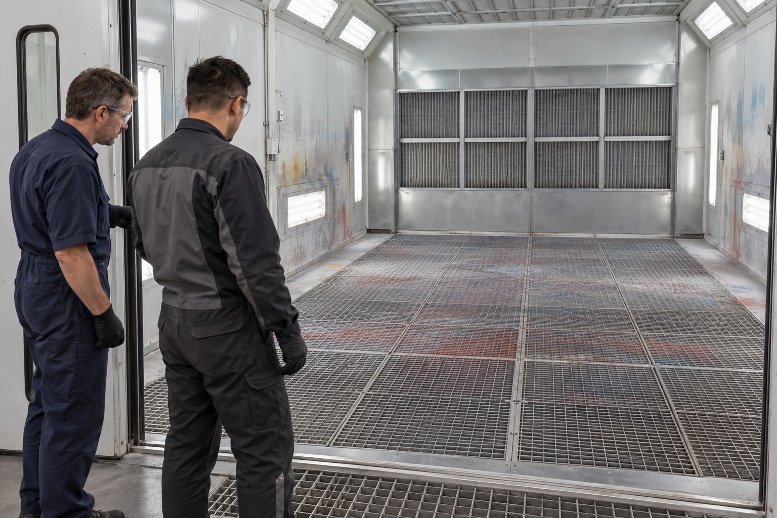Maintenance technicians assessing overspray buildup in a stopped industrial paint booth