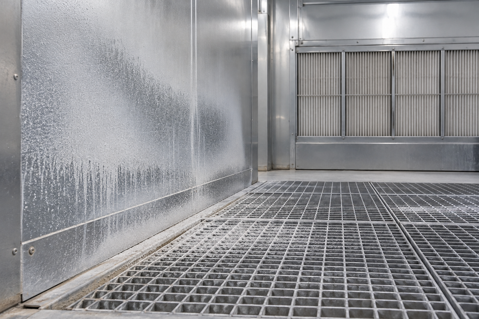 Shutdown paint booth floor grating and metal baffle with separate areas of dried overspray