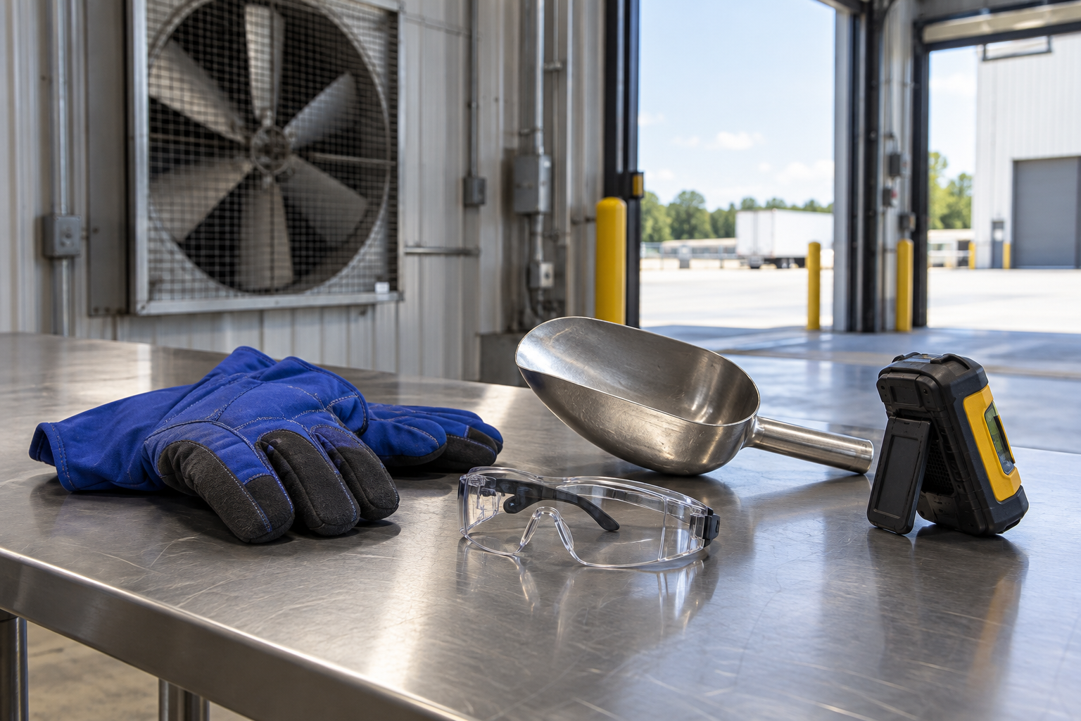 Cold-insulating gloves, safety goggles, a metal scoop, and carbon-dioxide monitor in an industrial receiving bay