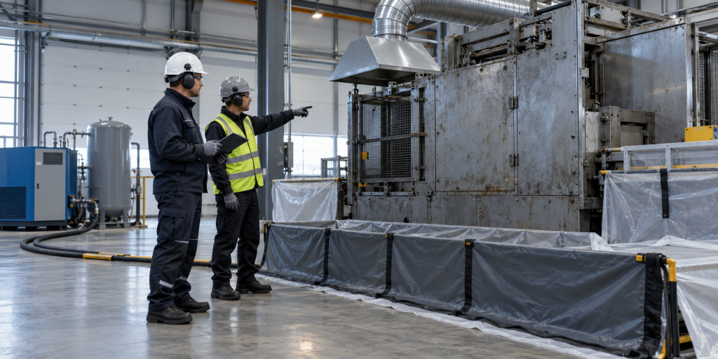 Two technicians inspecting an industrial maintenance area before dry ice blasting