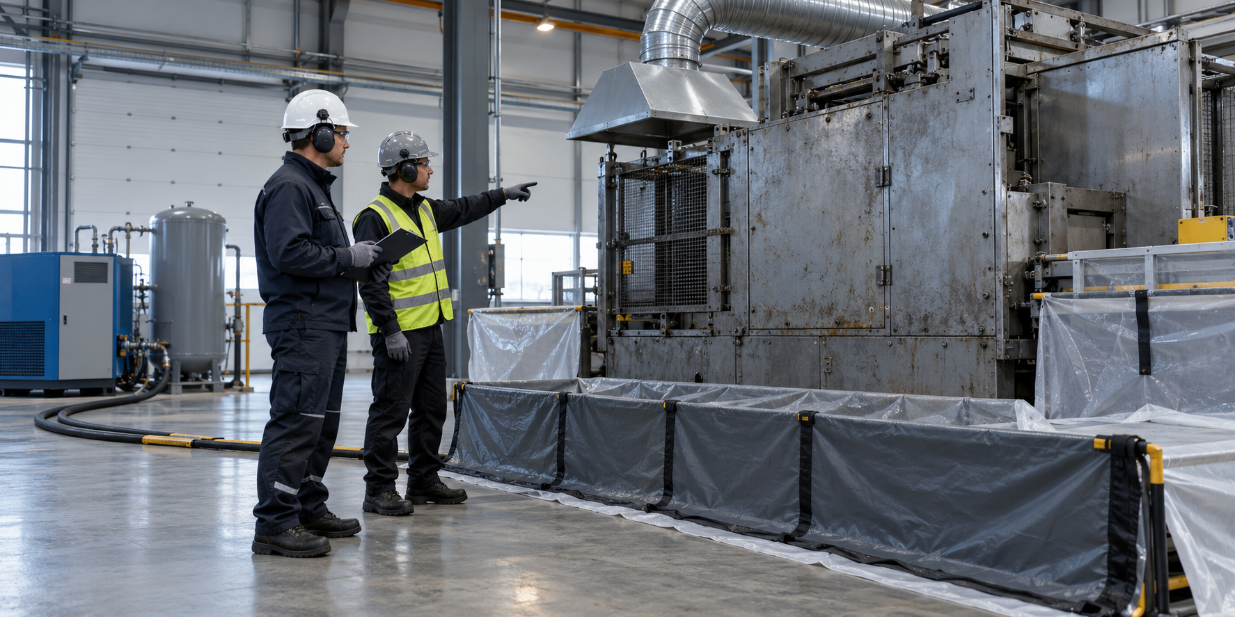Two technicians inspecting an industrial maintenance area before dry ice blasting