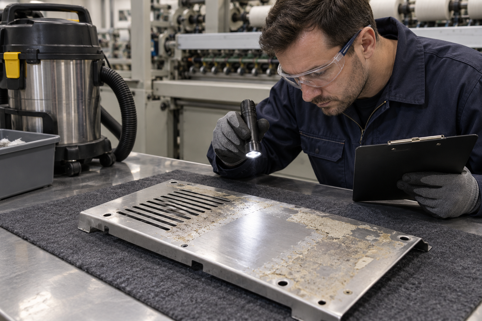 Technician inspecting a contained adhesive-residue test patch on a removed textile machine guard plate