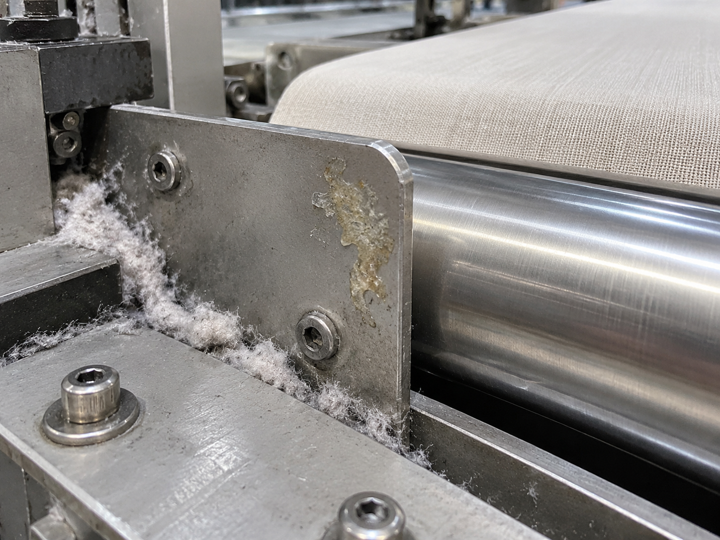 Loose fiber lint and a separate adhesive patch on an accessible textile machine guide and roller